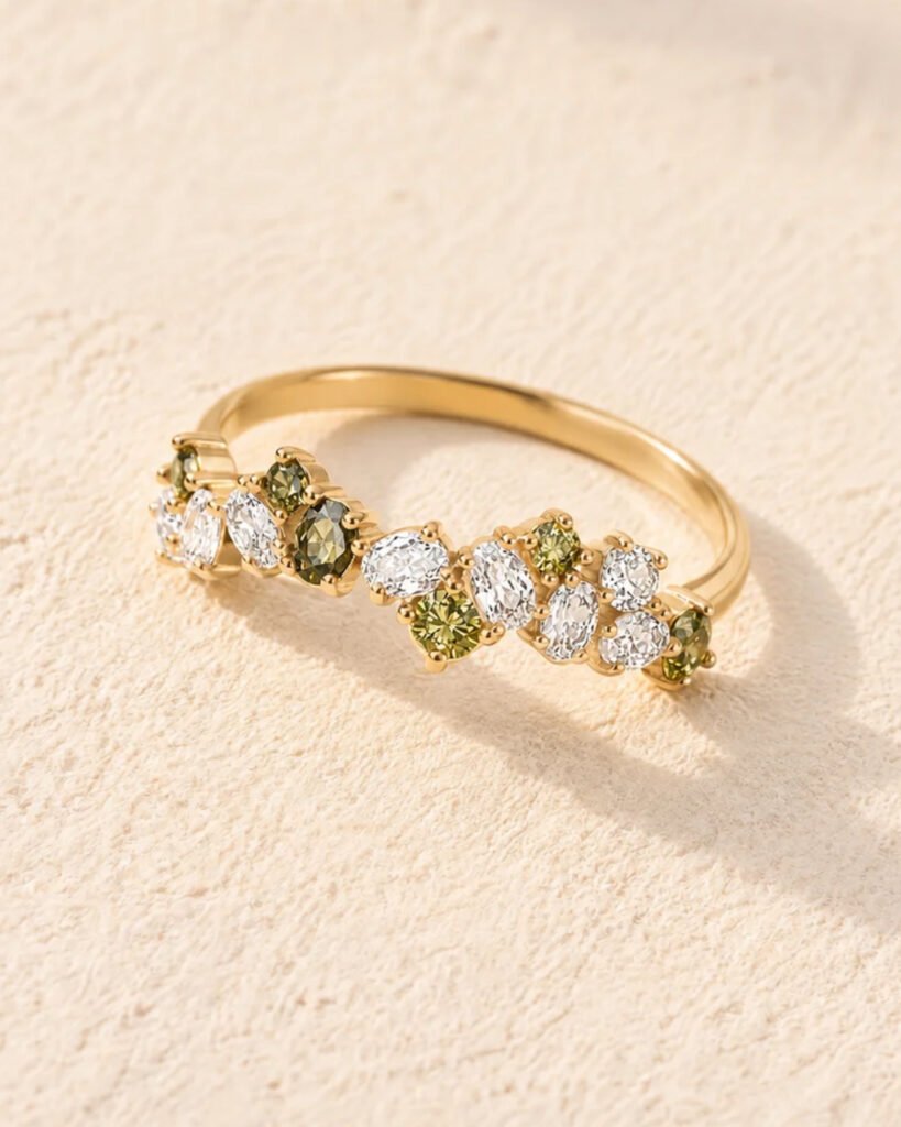 Bellina bague couronne zircons verts et blancs plaqué or 18 carats