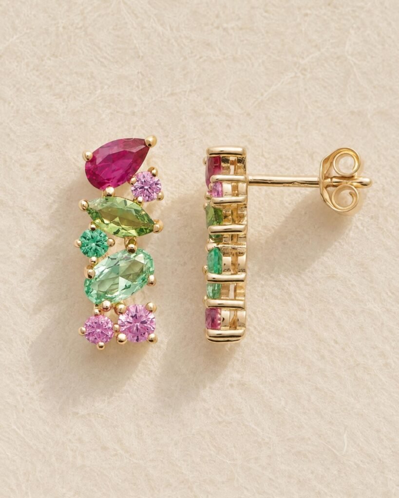 boucles d’oreilles zircons roses et verts Kaleia Cénélia